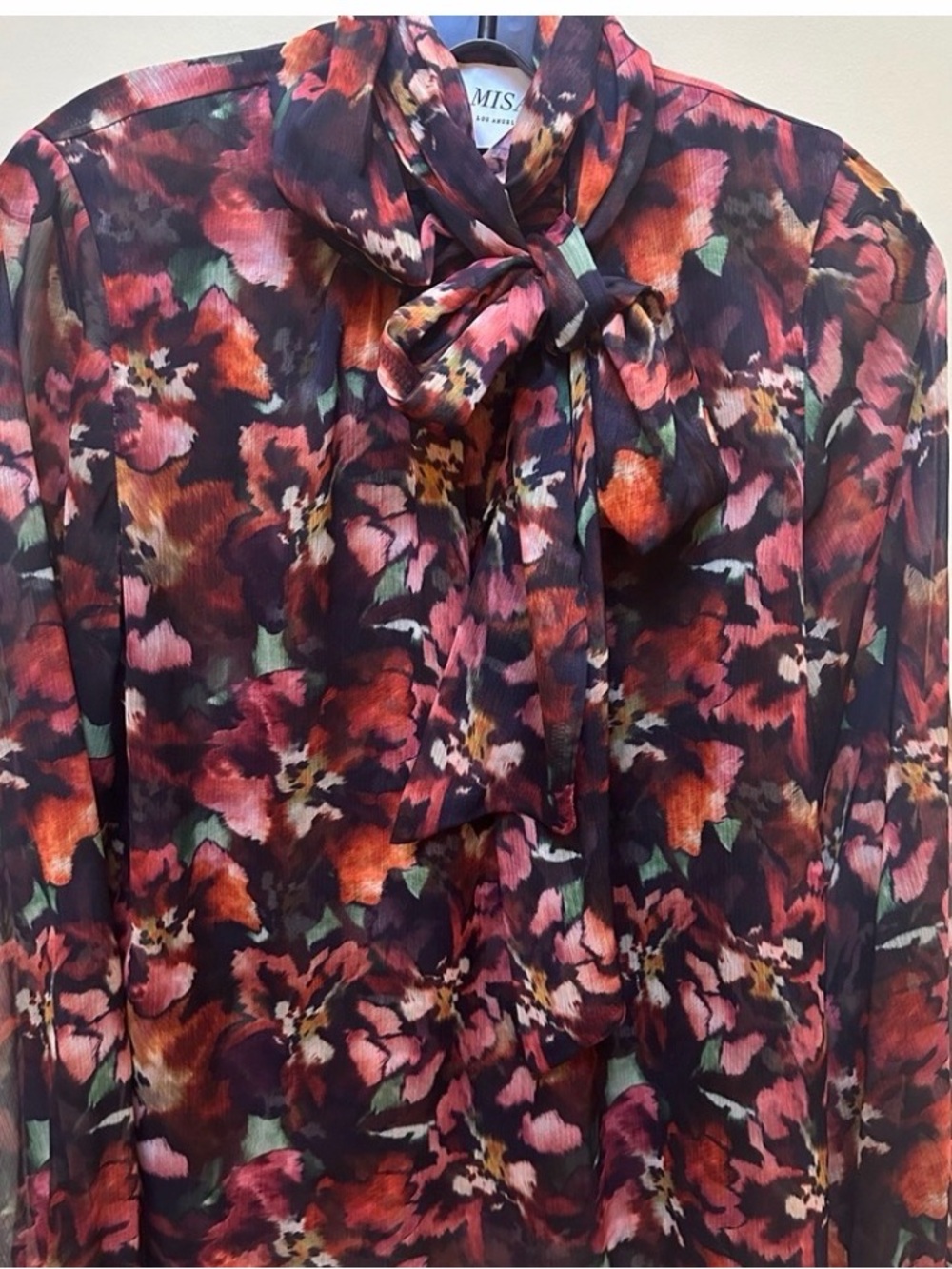 Misa Los Angeles Floral Tie-Neck Blouse in Burgundy, Pink & Orange